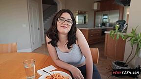 Man, this busty teen 18+ gets kinky playing with food while riding hard - pervteen 18+