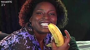 Black amateur with big natural tits does banana casting interview in POV