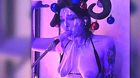 Devil cosplay girl with big tits and blue eyes passionately gives deepthroat blowjobs filled with cum