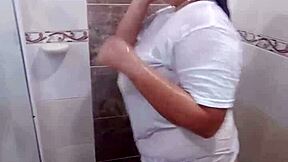 Colombian BBW with Big Tits and Ass Masturbates in Bathroom Wearing Stepbrother's Shirt While Fingering Wet Pussy