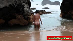 euro latina hottie bends over for deep anal pounding from behind on the sunny beach